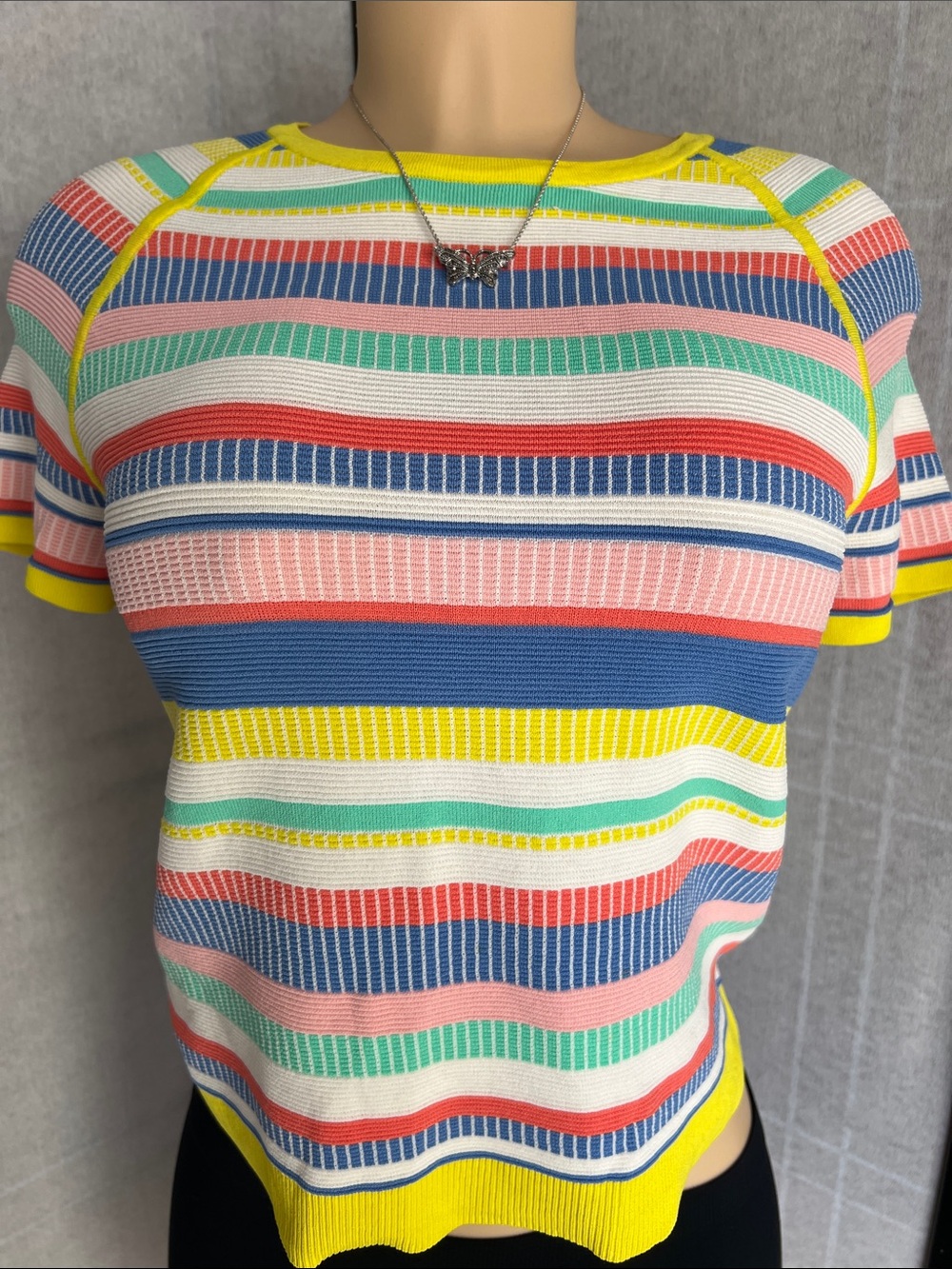 Nine West Multicolor Striped Short-Sleeve Knit Top with Yellow Trim